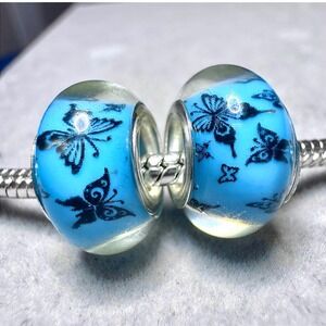Glass Butterfly Charm Beads Blue fits Pandora